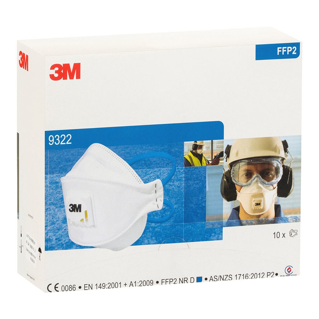 3M Respirator Aura 9322A+ Flat Fold Standard White P2(Pack of 10) - Inkplus