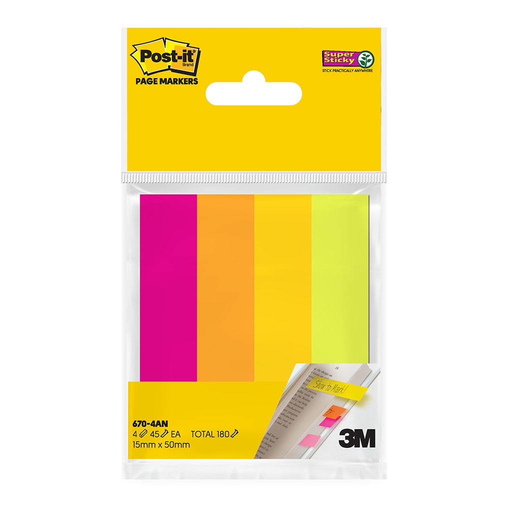 3M Post-it Super Sticky Page Markers 670-4AN Assorted Neon 15mm x 50mm 45 sheet pads Pkt/4 -   - Inkplus
