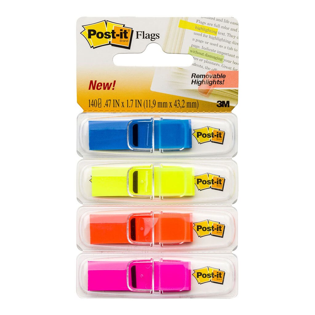 3M Post-it Flags 683-4ABx Mini Highlighting 12x43mm 35/Dispenser, 4 Dispensers/Pk - Inkplus