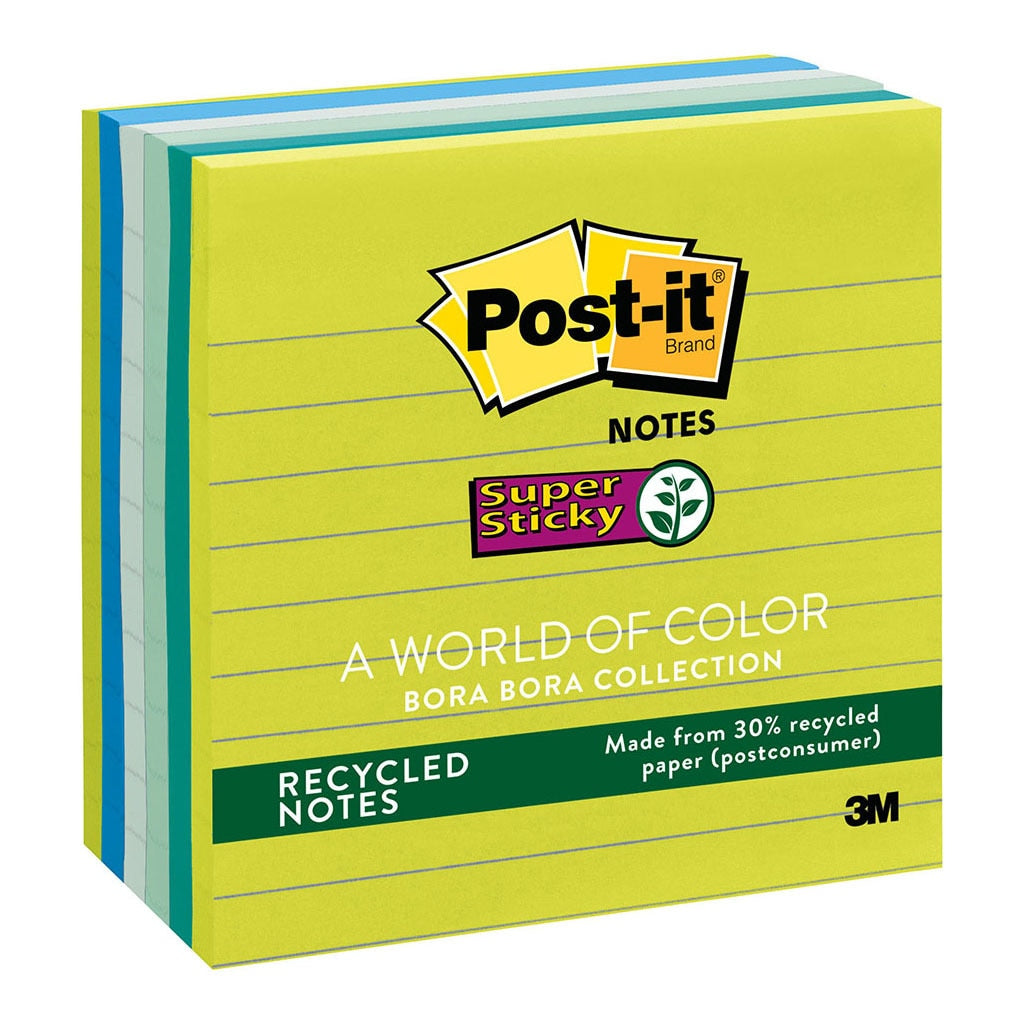 3M Post-it Recycled Super Sticky Lined Notes 675-6SST Bora Bora 101x101mm 90 sheet pads Pkt/6 -   - Inkplus