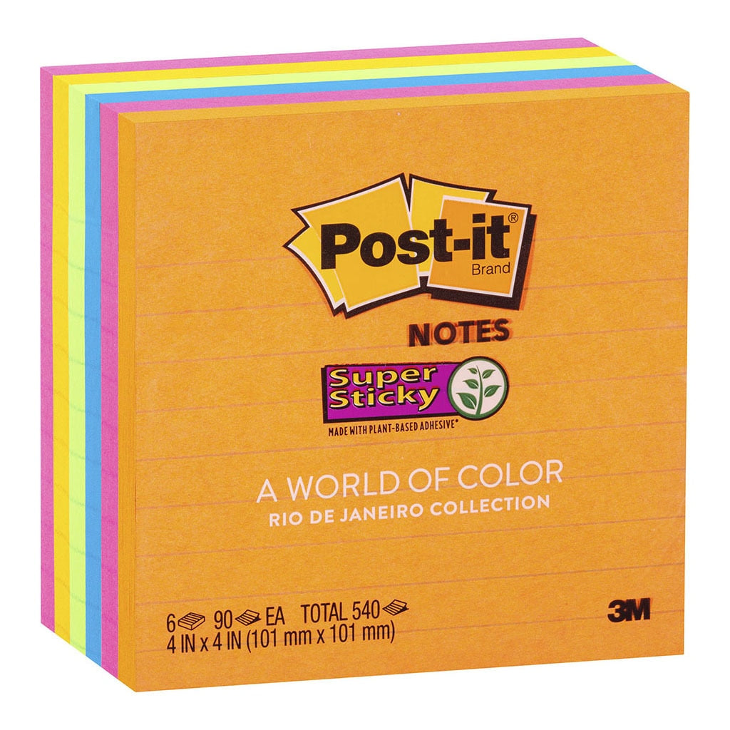 3M Post-it Super Sticky Lined Notes 675-6SSUC Rio De Janiero 101x101mm 90 sheet pads Pkt/6 -   - Inkplus