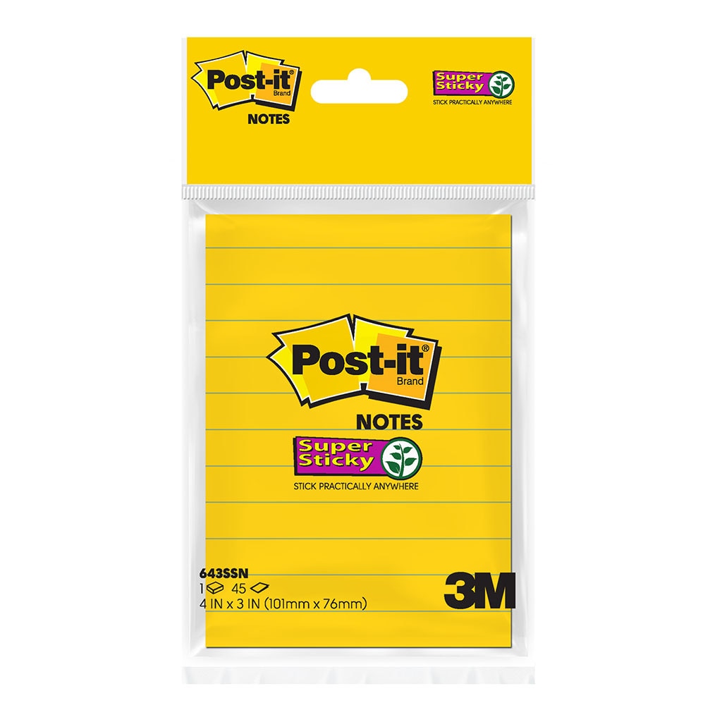 3M Post-it Super Sticky Lined Notes 643SSN-HB Ultra Yellow 101mm x 76mm Retail Pk/45 Sheets -   - Inkplus