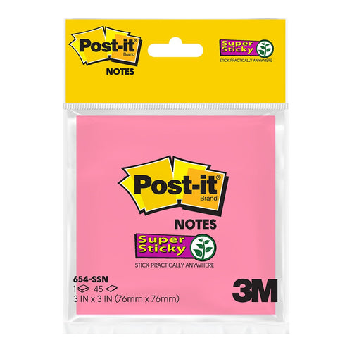 3M Post-it Super Sticky Notes 654-SSN-N-PINK 76mm x 76mm Retail Pk 45 Sheet pad -   - Inkplus